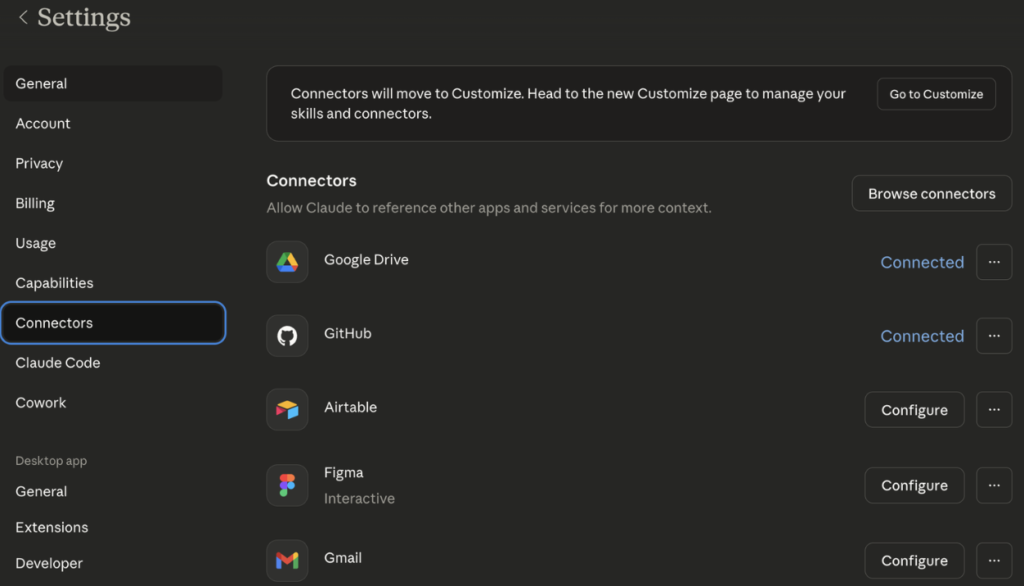 An example of my Claude Connectors 
